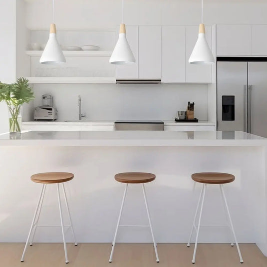 Pendant Light, White Cone Style, Hanging with Round Edges and Wood Accent mounted on the kitchen countertop setting