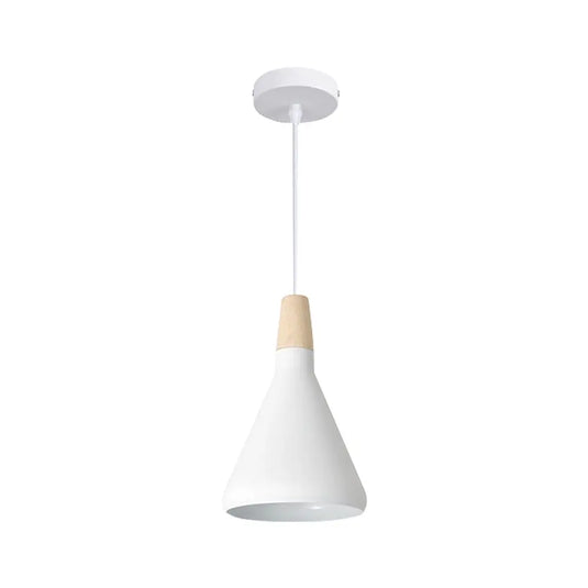 Pendant Light, White Cone Style, Hanging with Round Edges and Wood Accent