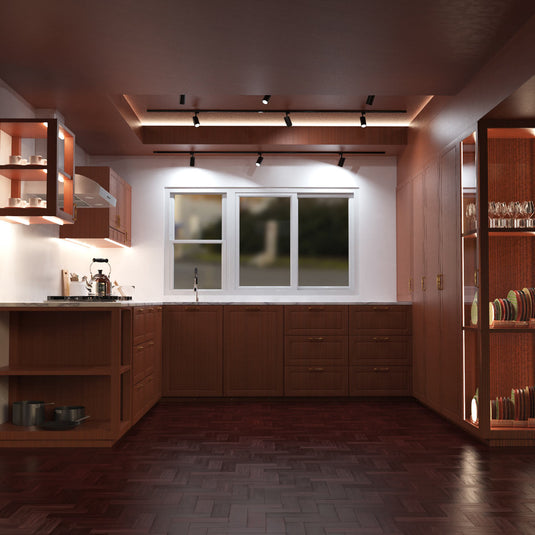 Kitchen display shelves lit with LED tape