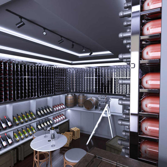 Wine cellar shelving lit with cool white LED tape