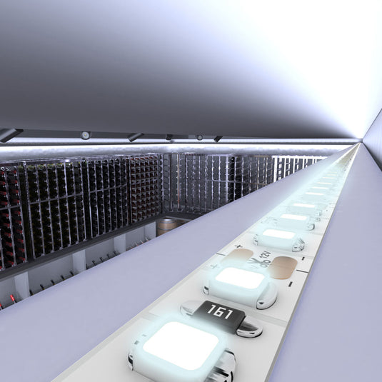 Cellar display lit by cool white LED tape