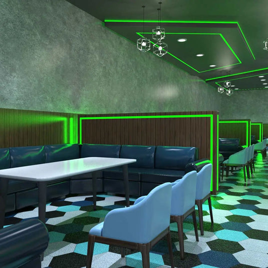 RGB LED Tape, Colour Changing 30 LEDs in restaurant setting in Green