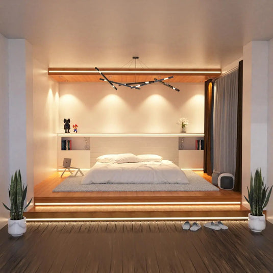 Recessed Mounted Aluminium LED Profiles bedroom setting, ceiling and headboard mounted