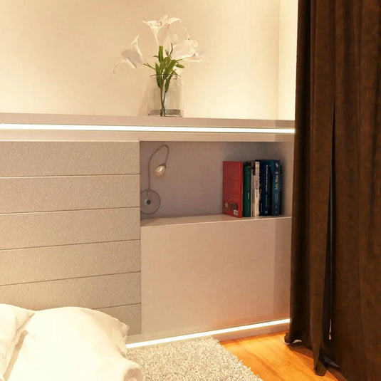 Recessed Mounted Aluminium LED Profiles in between wood table and undercabinet light