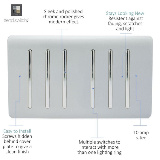 Silver 6 gang light switch with feature notes