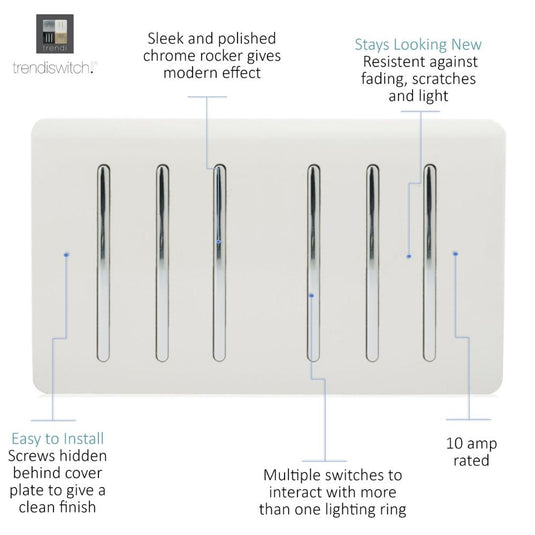 White 6 gang light switch with feature notes