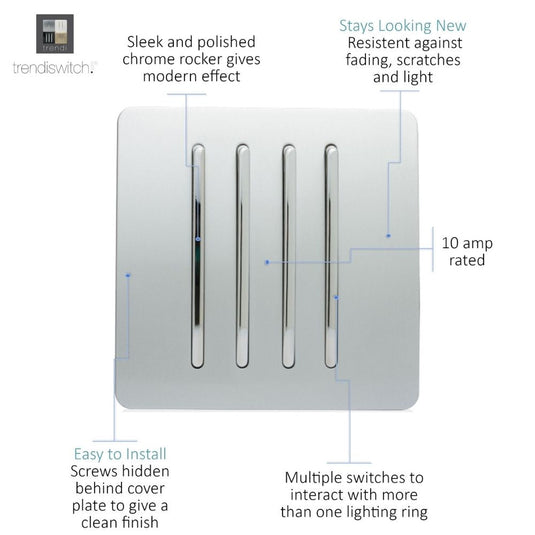 Silver 4 gang light switch with feature notes