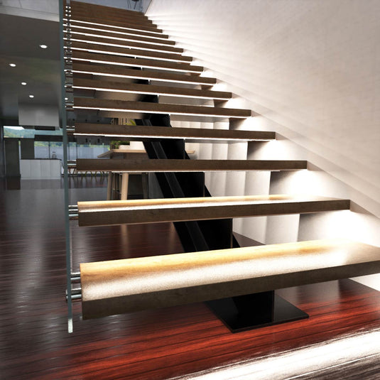 Staircase lit in natural white by LED stair lights