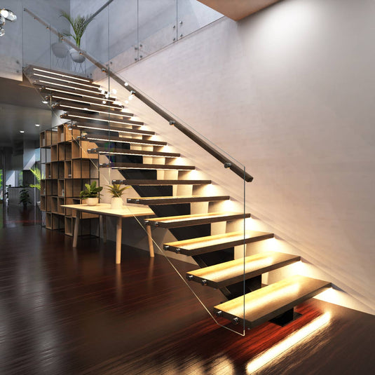 Stairs lit in warm white by 500mm LED bars