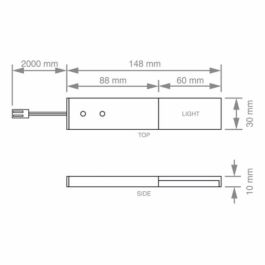 Line drawing: 148 x 30 x 10mm with 2m cable