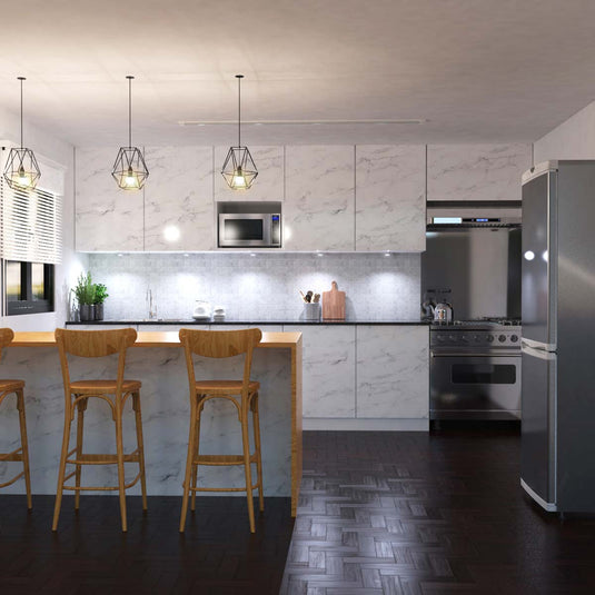 Kitchen with cool white cabinet light