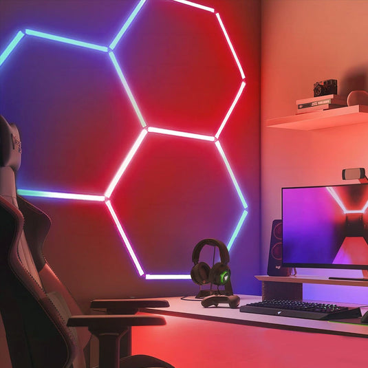RGB hexagon LED tubes on a game room wall