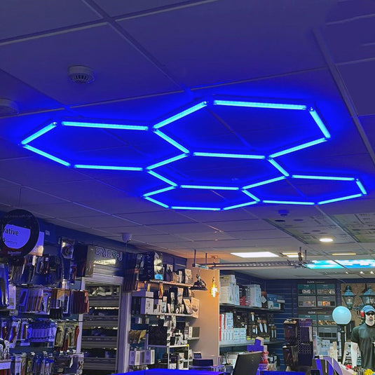 Hexagon LED tubes lit in blue