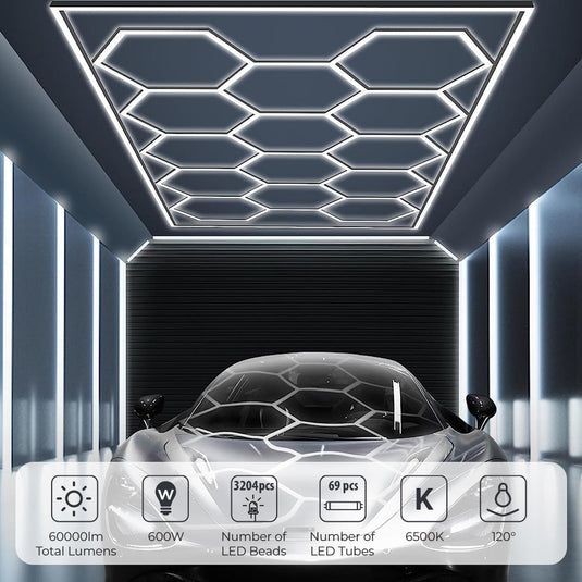Hexagon LED grid fitted to a ceiling