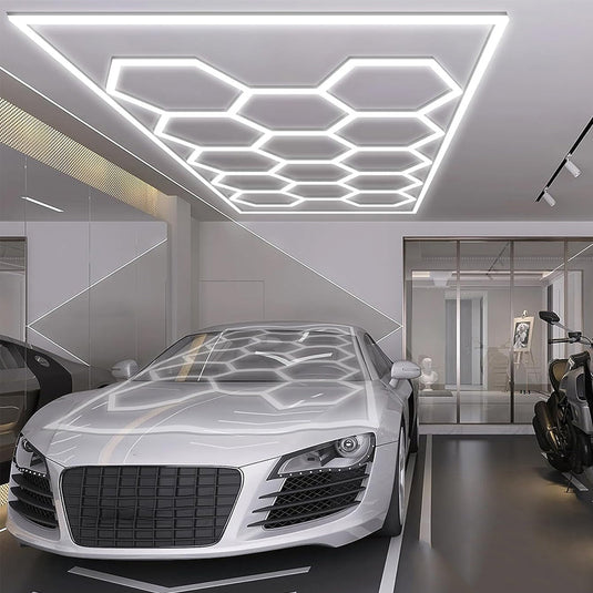 14-hexagon LED kit lighting a garage