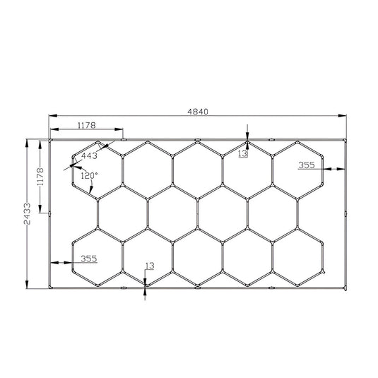 Assembled dimensions of the 14-hexagon LED kit
