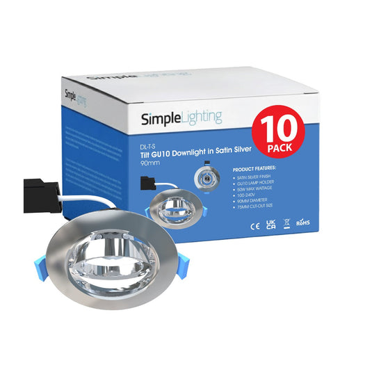 Pack of 10 satin silver tilt GU10 downlights