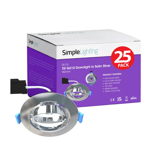 Pack of 25 satin silver tilt GU10 downlights