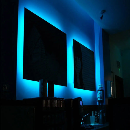 RGB LED Tape in Blue backlight bedroom setting