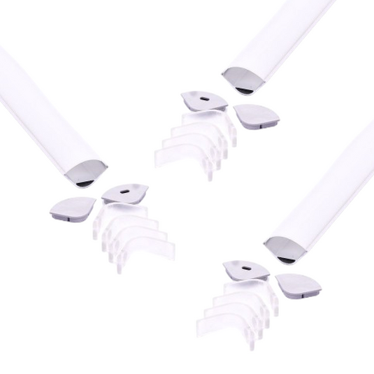 Three corner aluminium LED profiles with milky diffusers, brackets and end caps