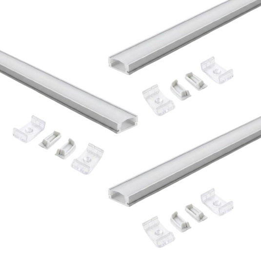 Three white aluminium LED profiles with diffusers, brackets and end caps