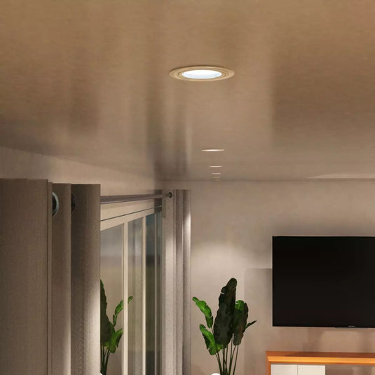 Fixed, GU10, Downlight with white bezel living room setting ceiling view