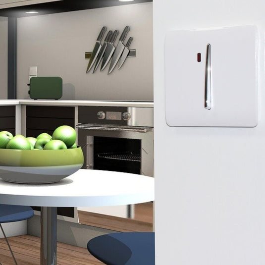 White 20A switch with neon fitted to a wall