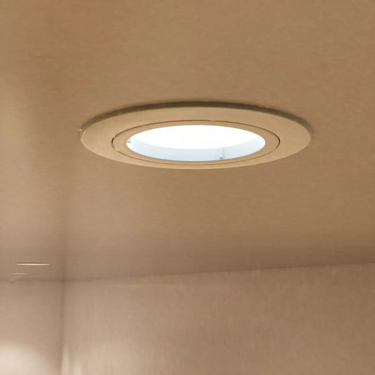 Fixed, GU10, Die Cast Downlight with white bezel living room setting close up view ceiling mounted