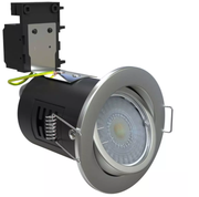 Tilt fire rated downlight, brushed chrome with a black can