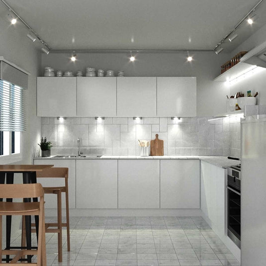 kitchen with triangle under cabinet lights in natural white light