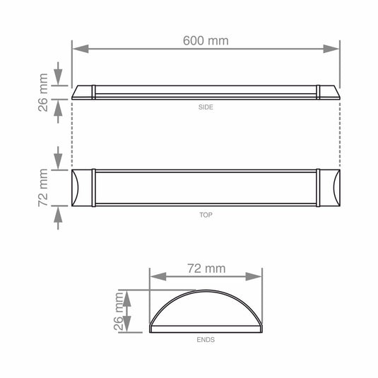 drawing of a 2ft LED batten with dimensions