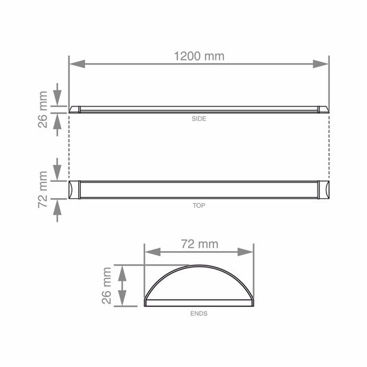 drawing of a 4ft LED batten with dimensions