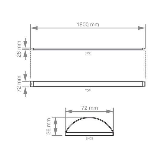 drawing of a 6ft LED batten with dimensions