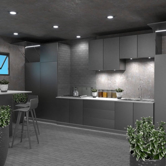 kitchen with under cupboard lights in cool white light
