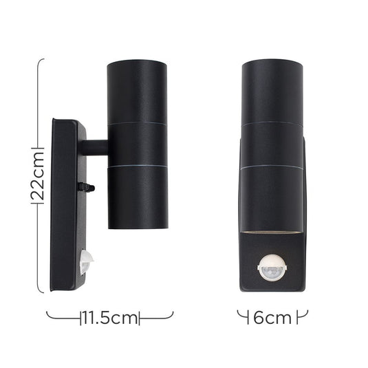 dimensions of a black twin wall light with PIR sensor