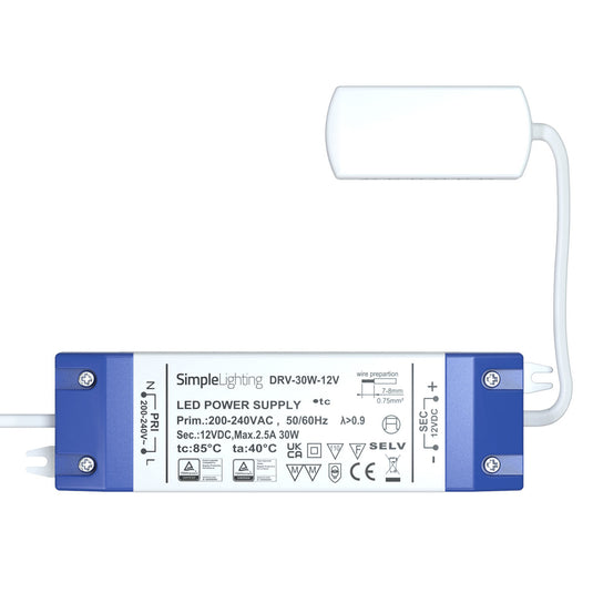 Flat view of a 30w LED driver with a 6-way distributor