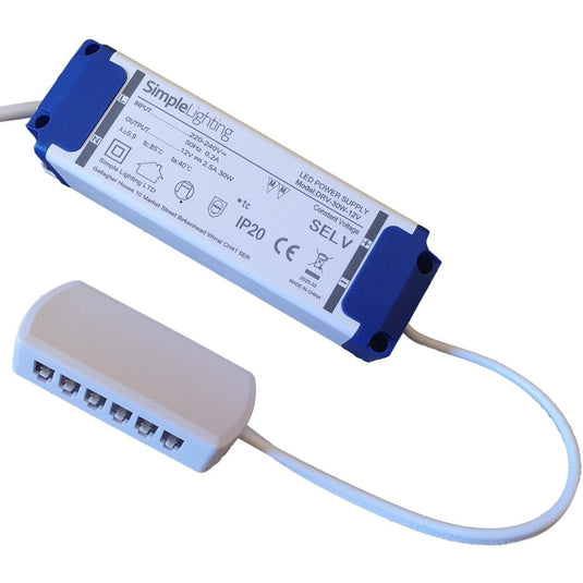 Side view of a 30w LED driver with a 6-way distributor