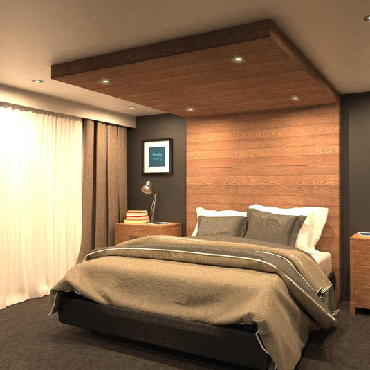 bedroom with fire rated downlights in warm white light