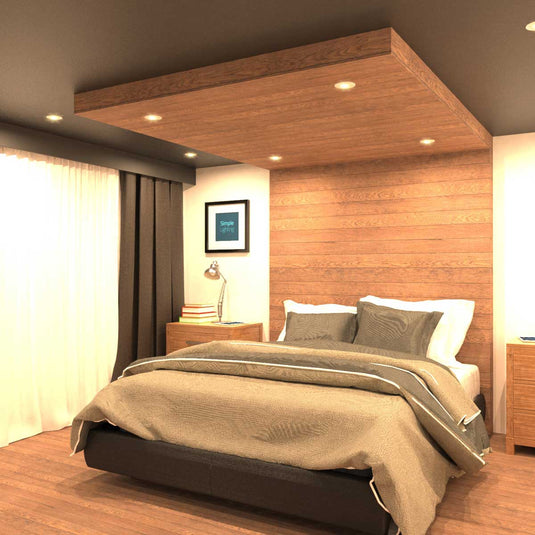 bedroom with a fire-rated downlight in warm white light