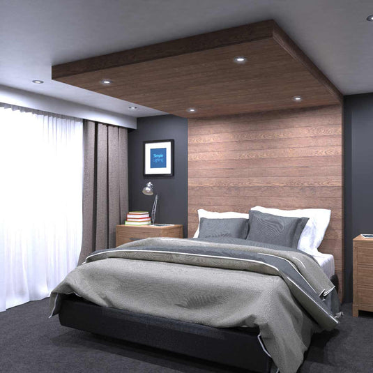 bedroom with fire rated downlights in cool white light