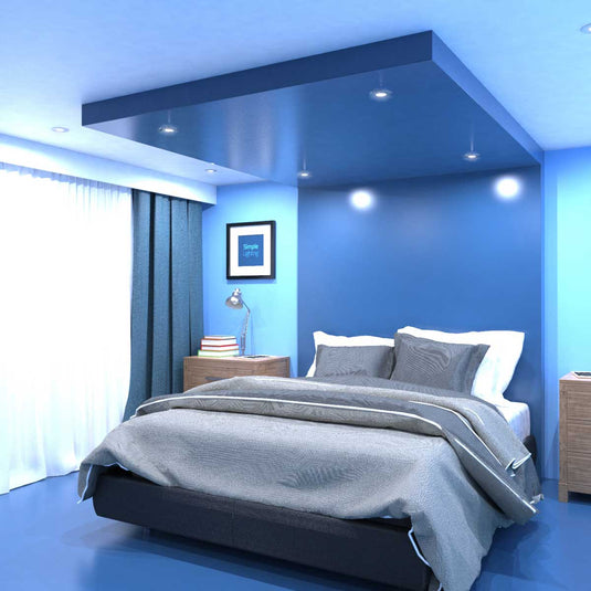 bedroom with fire-rated downlight in cool white light