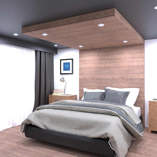 bedroom with a fire-rated downlight in cool white light