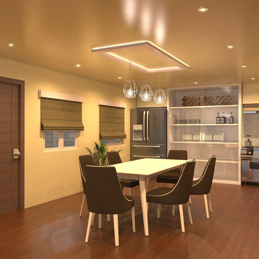 mounted CCT downlights in a dining room with warm white light