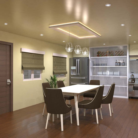 dining with fire-rated downlight in cool white light