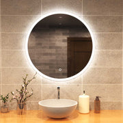front view of a round bathroom mirror with cool white light