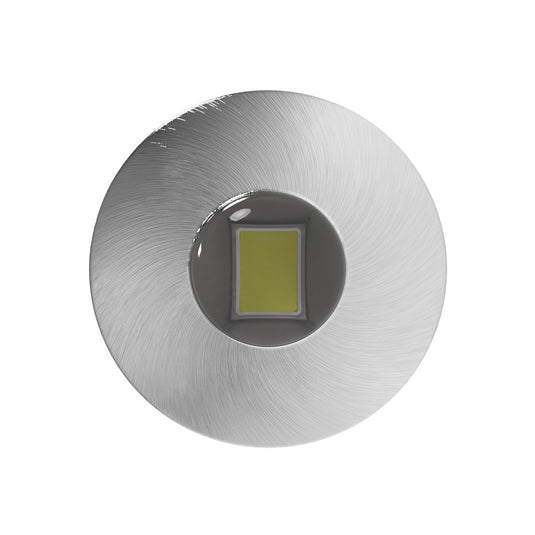 top of a round LED plinth light in brushed chrome