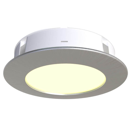 recessed under cabinet light in brushed chrome with warm white light