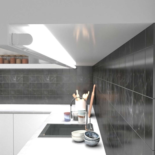 kitchen with linkable LED under cabinet lighting in natural white light