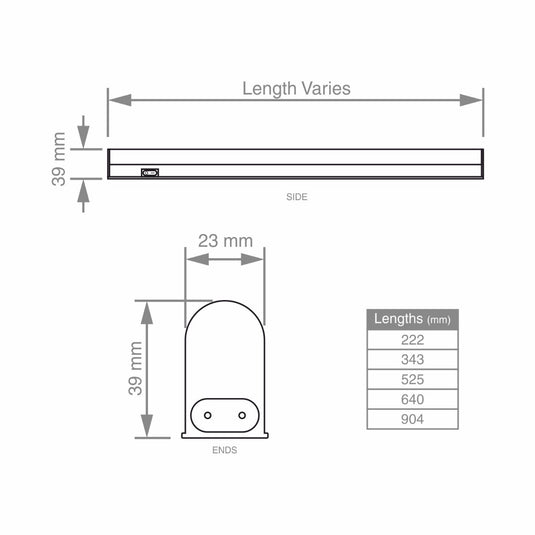 Diagram of a linkable LED under cabinet lighting with dimensions