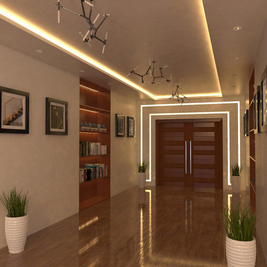 side view of an entry way with warm white light LED strip on the ceiling and door